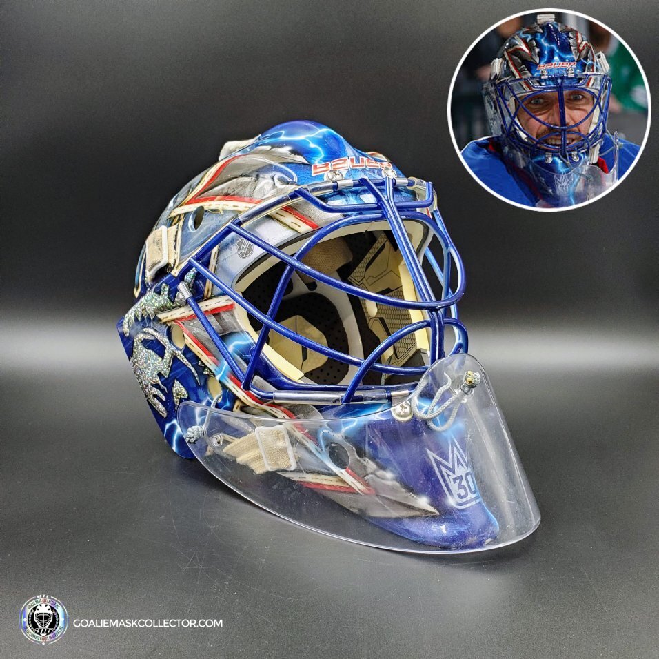 football goalie helmet Henrik Lundqvist Game Worn Goalie Mask 2015-16 New York Rangers Painte – Game Worn Exchange