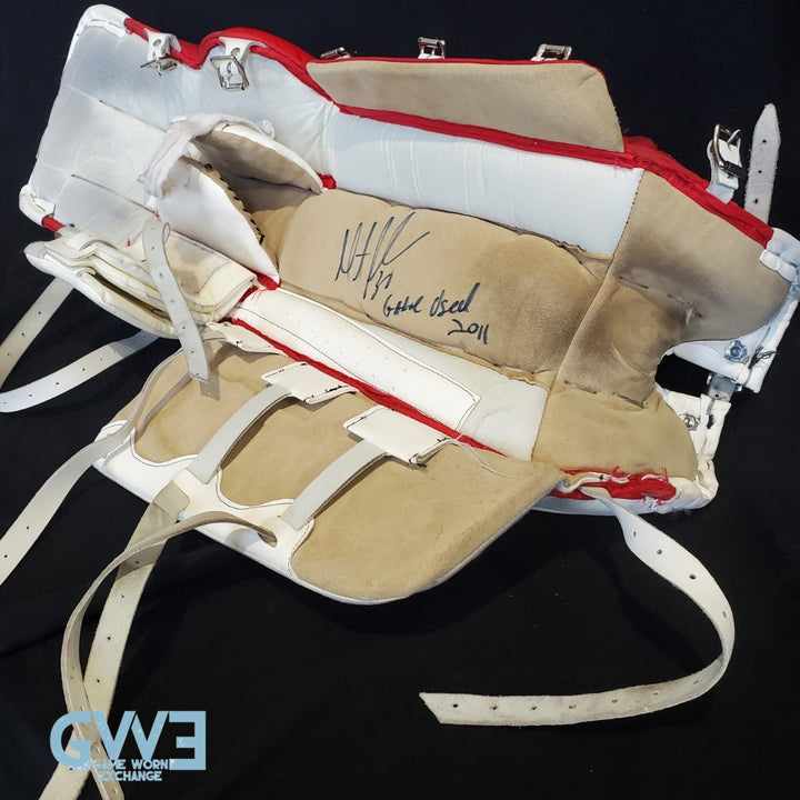 Martin Brodeur Game Worn Used Goalie Pads 2010-11 New Jersey Devils MB30 Gigantic Autograph Photomatched AS-03044-SOLD