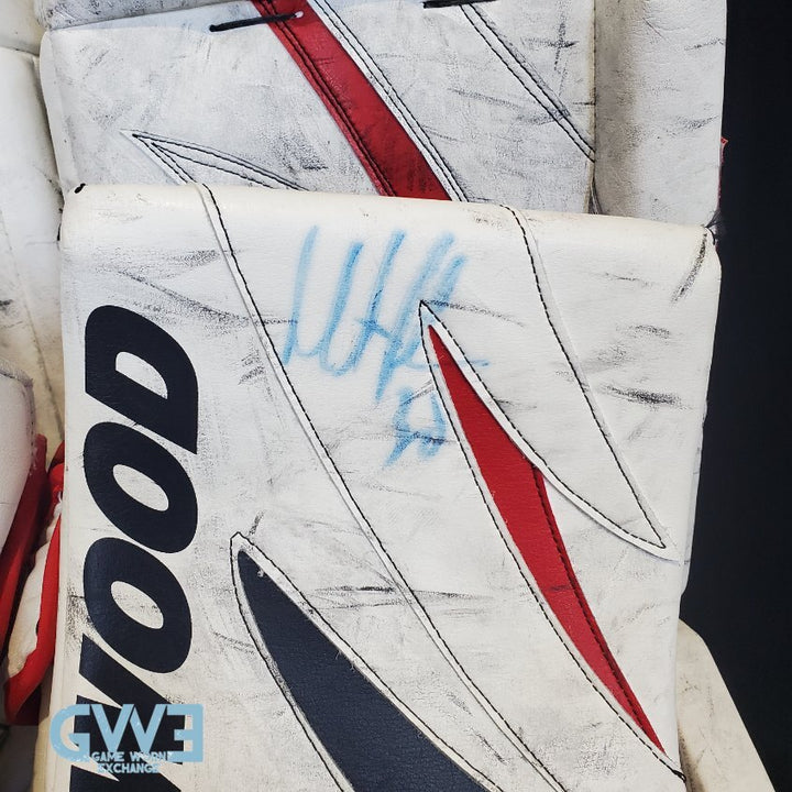 Martin Brodeur Game Worn Used Goalie Pads 2010-11 New Jersey Devils MB30 Gigantic Autograph Photomatched AS-03044-SOLD