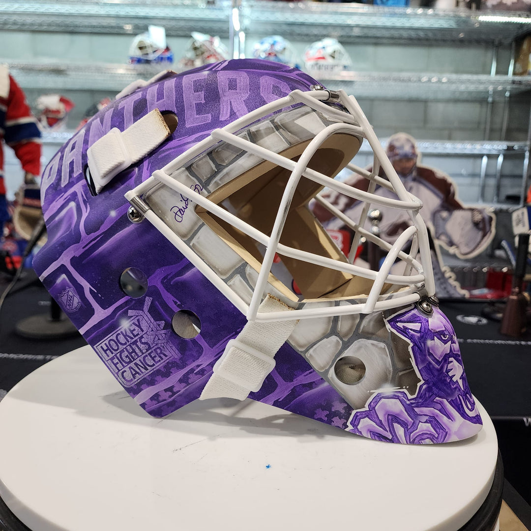New Arrival: Sergei Bobrovsky Game Worn Goalie Mask 2022 Florida Panthers Hockey Fights Cancer Painted by DaveArt "Brick by Brick" HFC