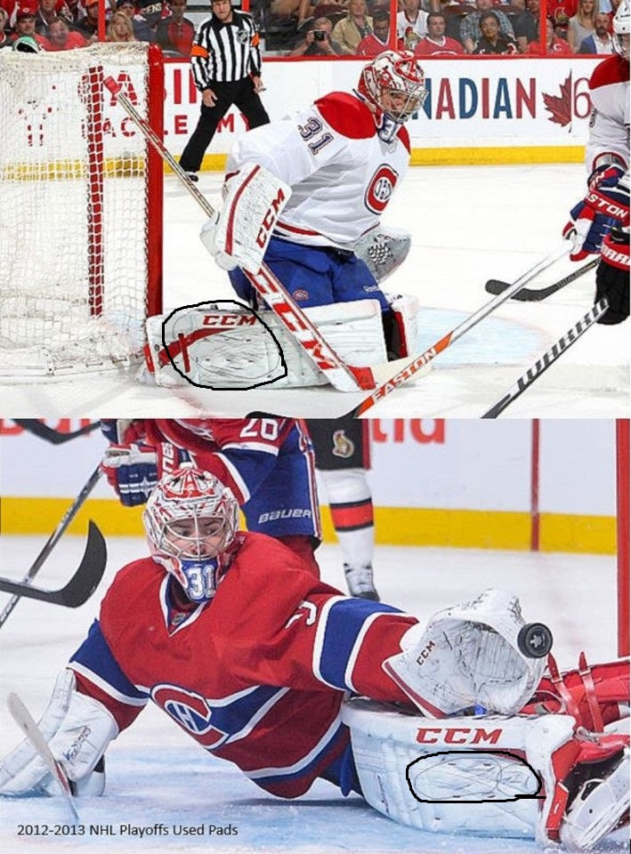 Carey Price Game Playoffs Worn Goalie Pads Set CCM + RBK Chest Protector 2012-13 Montreal Canadiens + Practice Worn Glove & Blocker Bauer AS-02961