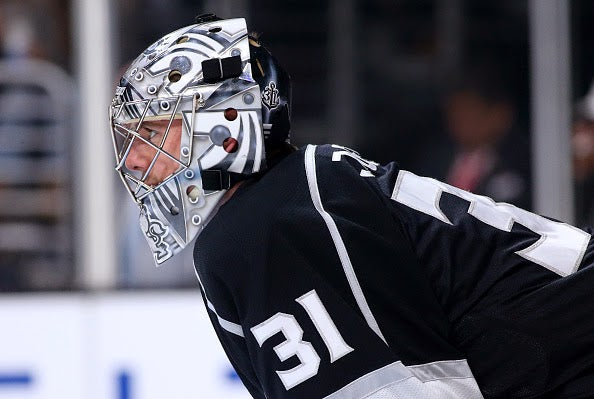 Martin Jones Game Worn Goalie Mask 2014-15 Los Angeles Kings & Team Canada World Championship Vaughn Dom Malerba 2014 - SOLD