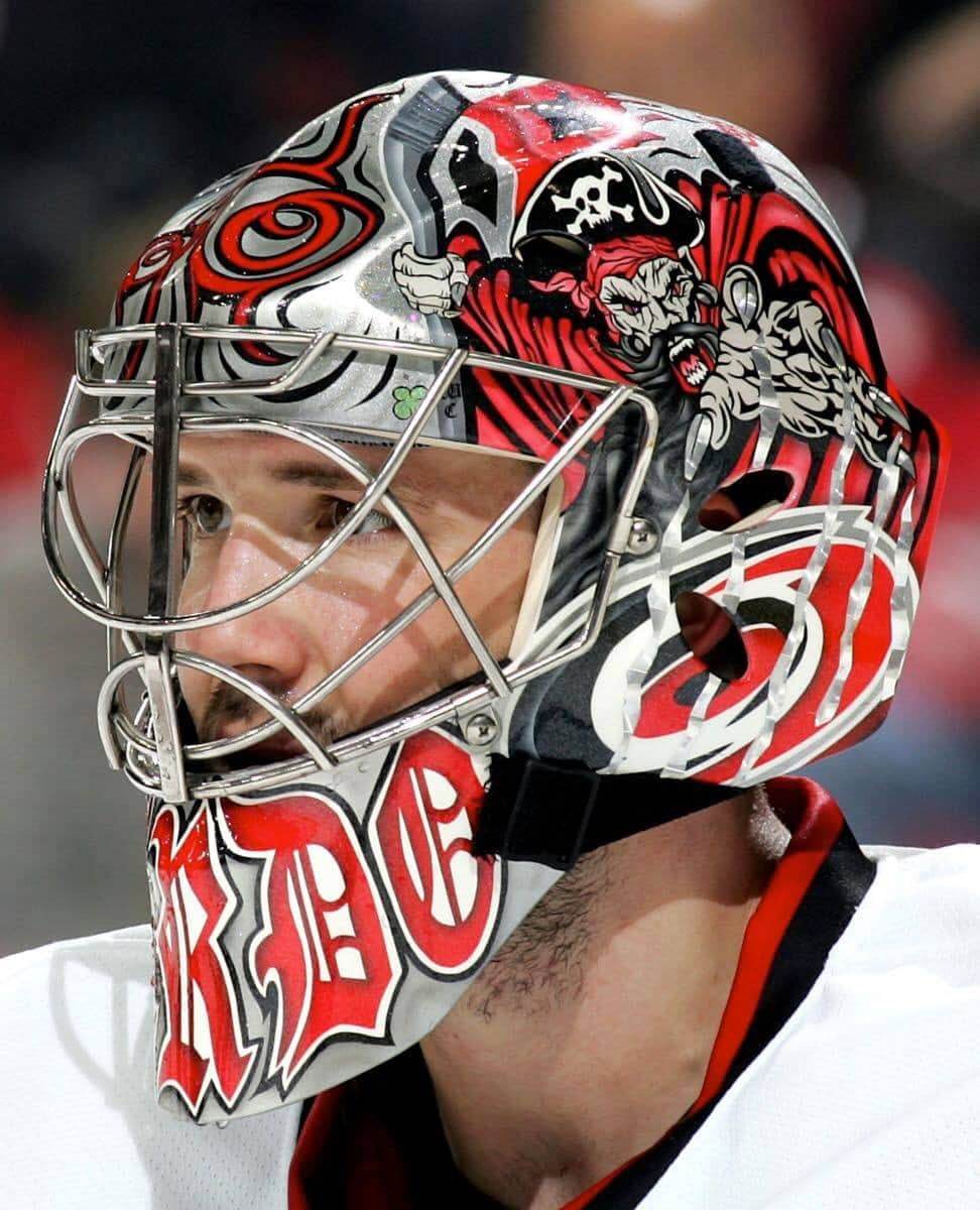 Cam Ward Goalie Mask Game Worn 2008-2010 Carolina Hurricanes Painted by Eye Candy Air on Sportmask Shell Photomatched - AS-02777-SOLD