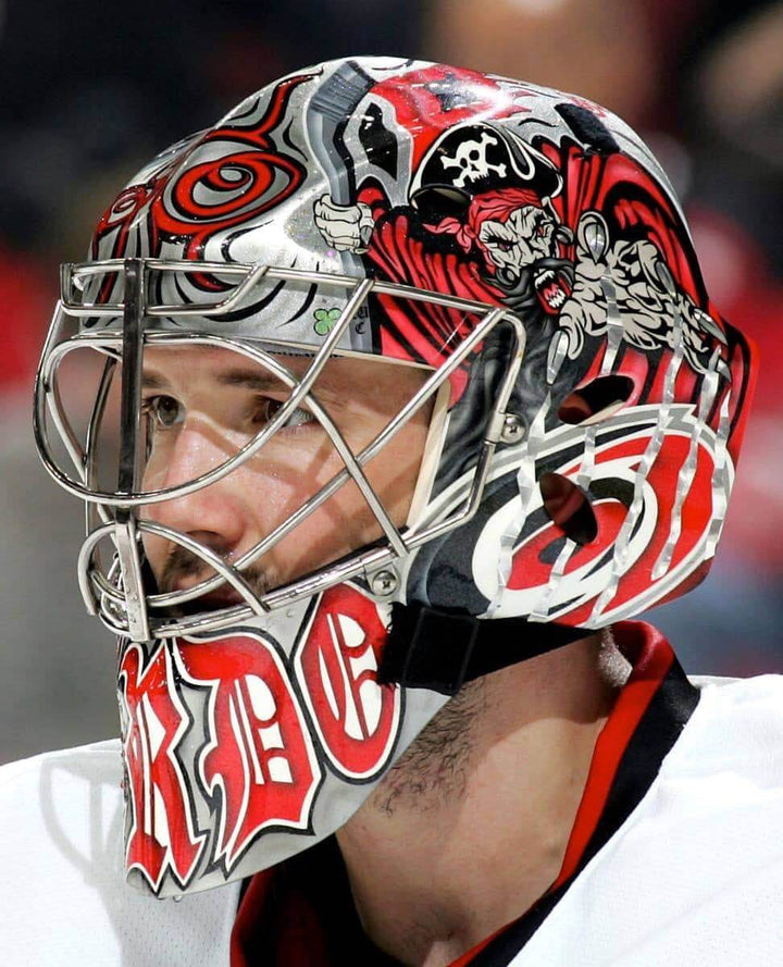 Cam Ward Goalie Mask Game Worn 2008-2010 Carolina Hurricanes Painted by Eye Candy Air on Sportmask Shell Photomatched - AS-02777-SOLD