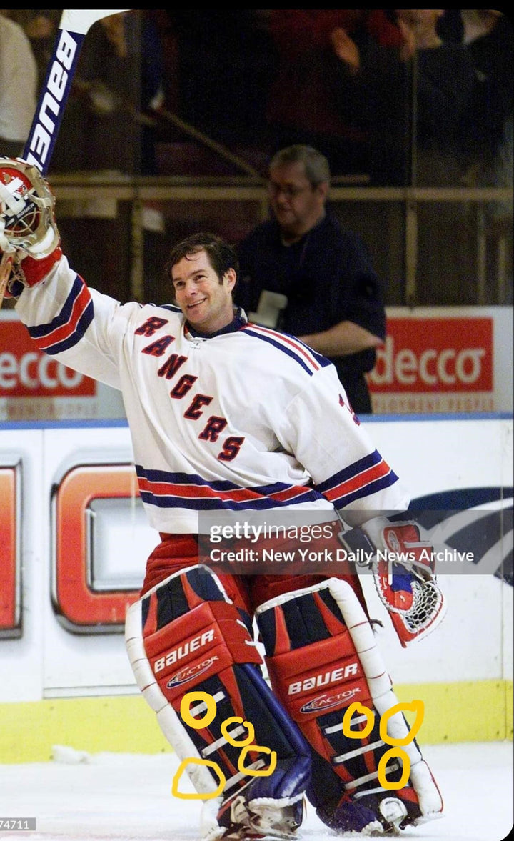 Mike Richter Game Used Goalie Pads 2001-02 New York Rangers & Salt Lake City Olympics Photomatched AS-03072-SOLD