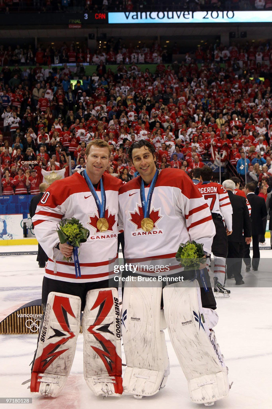 Martin Brodeur Game Used Goalie Pads 2010 Team Canada Olympics Gold Medal & New 2009-10 Jersey Devils 2009-10 Sherwood Photomatched AS-03120