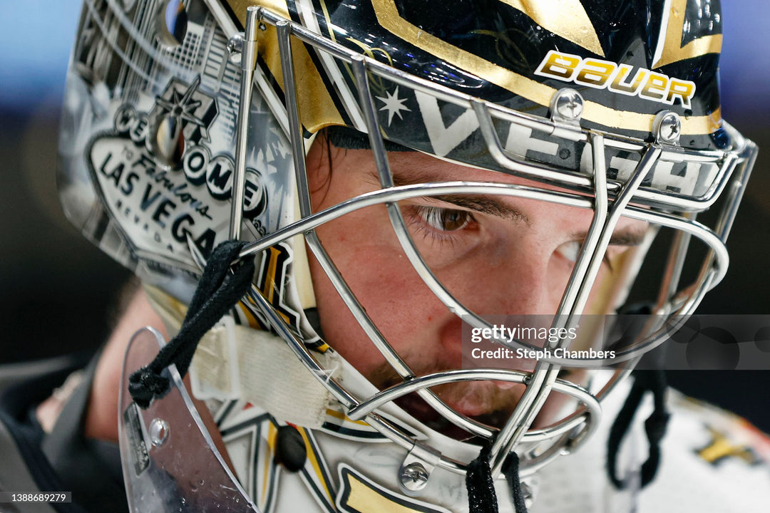 Logan Thompson Game Worn Goalie Mask 2021-22 Las Vegas Golden Knights Painted by Dave Fried Friedesigns on Bauer Shell Photomatched AS-03152