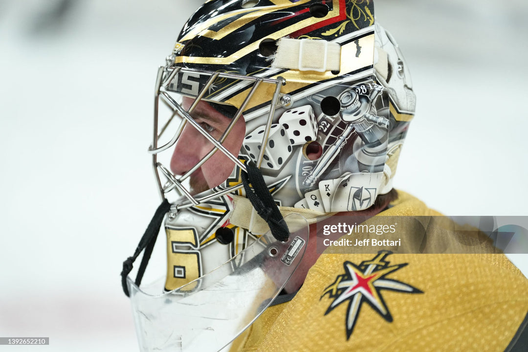 Logan Thompson Game Worn Goalie Mask 2021-22 Las Vegas Golden Knights Painted by Dave Fried Friedesigns on Bauer Shell Photomatched AS-03152