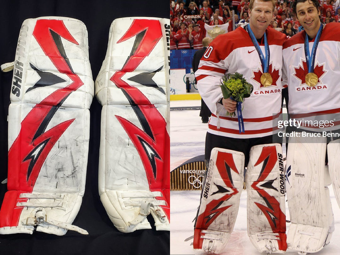 Martin Brodeur Game Used Goalie Pads 2010 Team Canada Olympics Gold Medal & New 2009-10 Jersey Devils 2009-10 Sherwood Photomatched AS-03120