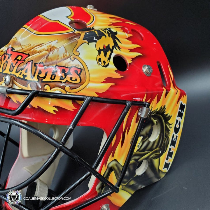 Grant Fuhr Game Worn Goalie Mask Calgary Flames Itech 1999-2000 Season Game Used Painted By Frank Cipra AS-02896