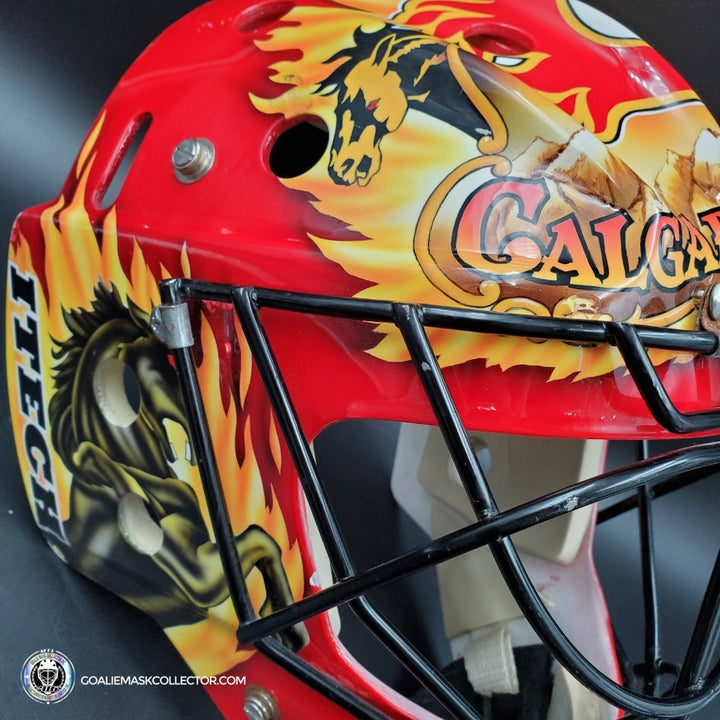 Grant Fuhr Game Worn Goalie Mask Calgary Flames Itech 1999-2000 Season Game Used Painted By Frank Cipra AS-02896