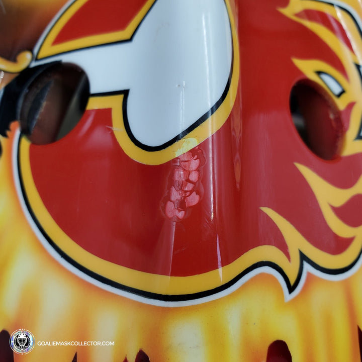 Grant Fuhr Game Worn Goalie Mask Calgary Flames Itech 1999-2000 Season Game Used Painted By Frank Cipra AS-02896