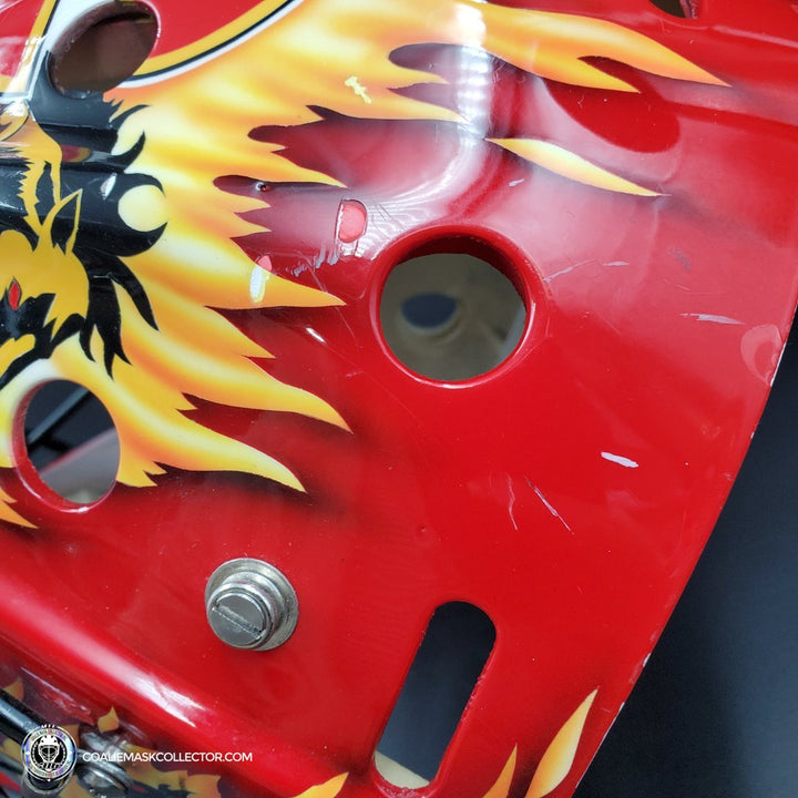 Grant Fuhr Game Worn Goalie Mask Calgary Flames Itech 1999-2000 Season Game Used Painted By Frank Cipra AS-02896