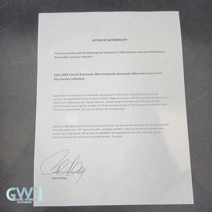 Patrick Roy Jersey Game Worn Used 2001-02 Colorado Avalanche from the Bob Hartley Collection AS-03273