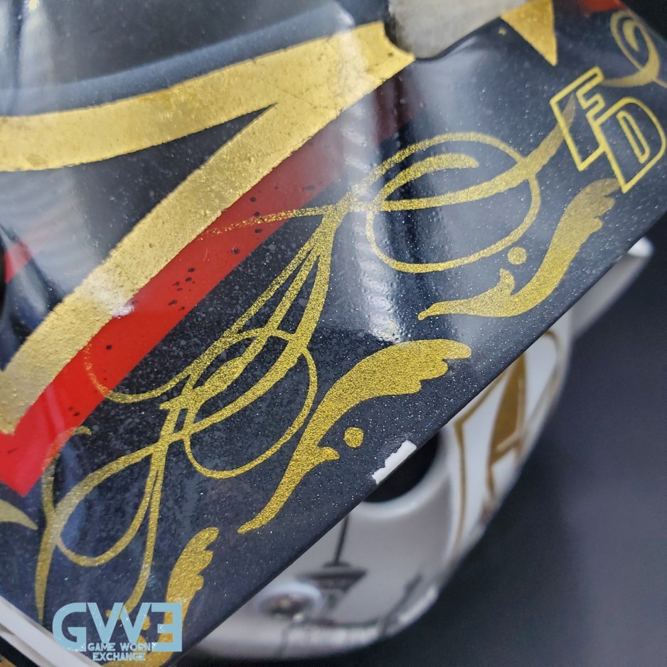 Logan Thompson Game Worn Goalie Mask 2021-22 Las Vegas Golden Knights Painted by Dave Fried Friedesigns on Bauer Shell Photomatched AS-03152