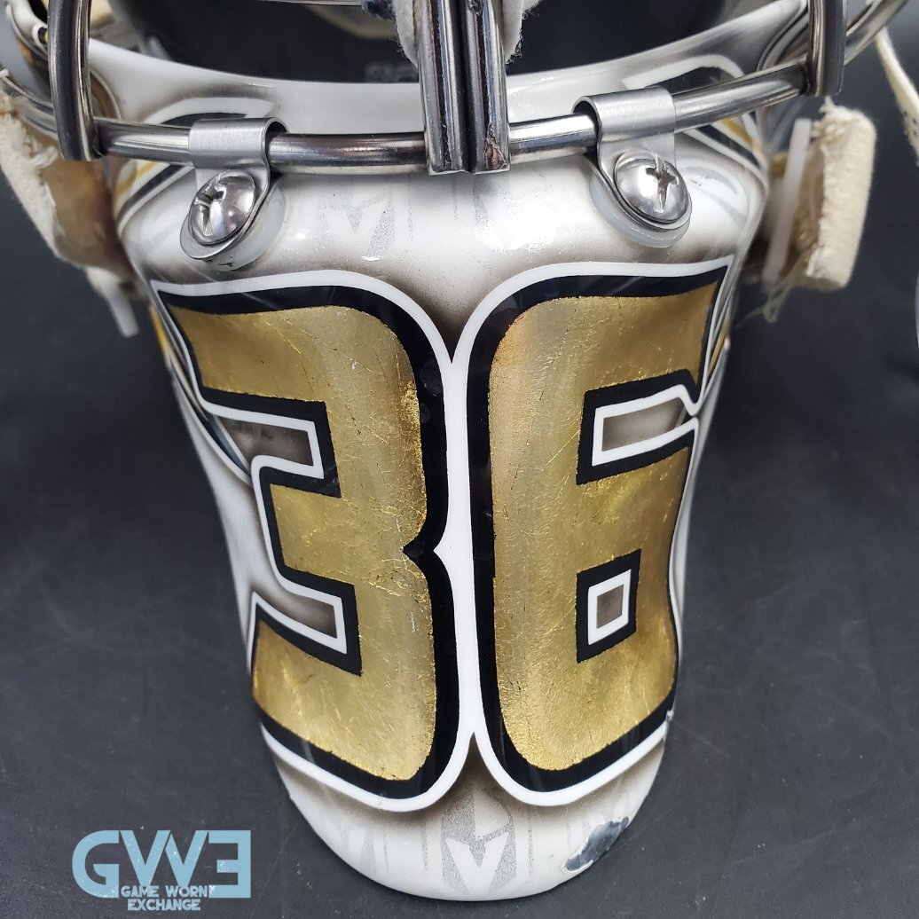 Logan Thompson Game Worn Goalie Mask 2021-22 Las Vegas Golden Knights Painted by Dave Fried Friedesigns on Bauer Shell Photomatched AS-03152