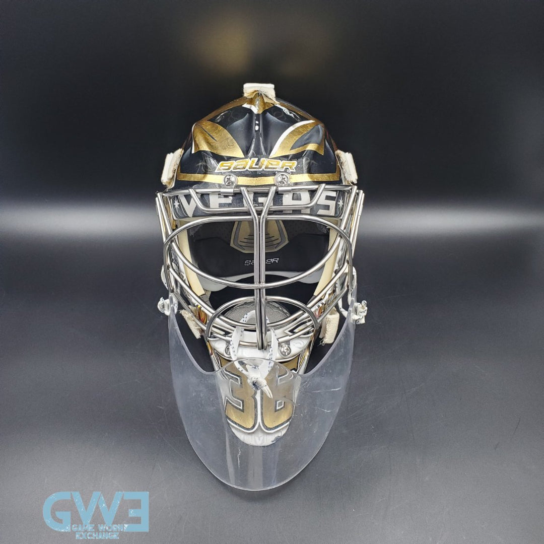 Logan Thompson Game Worn Goalie Mask 2021-22 Las Vegas Golden Knights Painted by Dave Fried Friedesigns on Bauer Shell Photomatched AS-03152