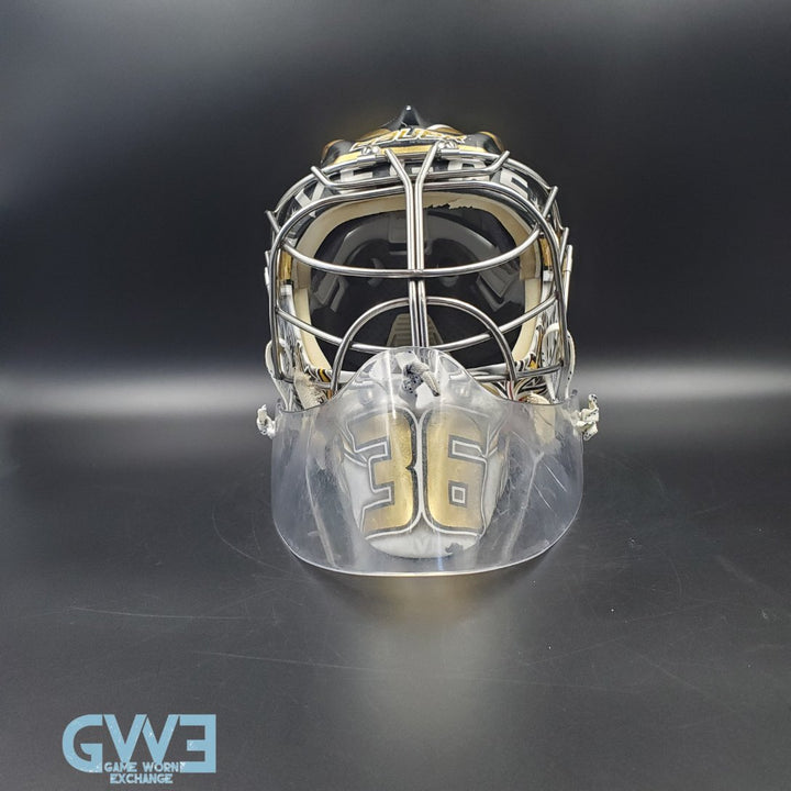 Logan Thompson Game Worn Goalie Mask 2021-22 Las Vegas Golden Knights Painted by Dave Fried Friedesigns on Bauer Shell Photomatched AS-03152