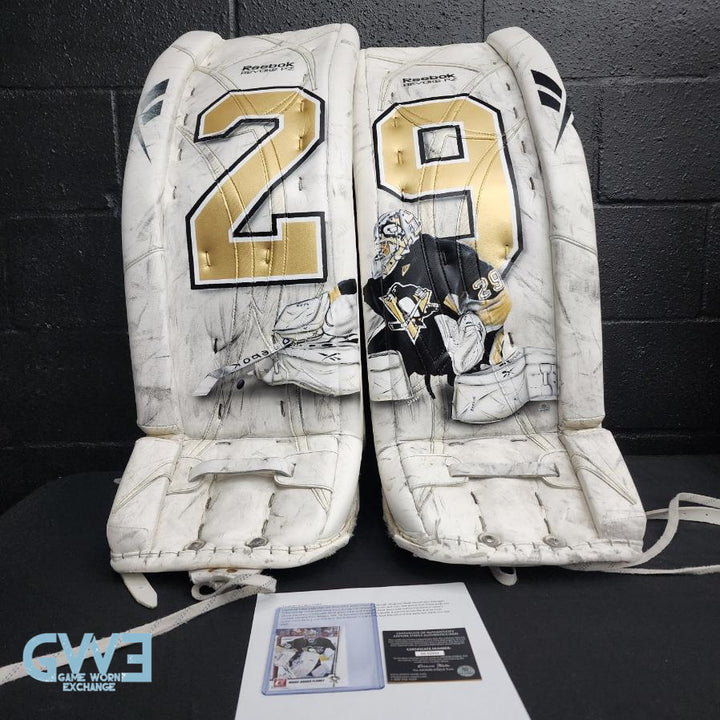 Marc-Andre Fleury Game Used Goalie Pads Worn 2010-11 Pittsburgh Penguins Painted Artwork AS-02954 - SOLD