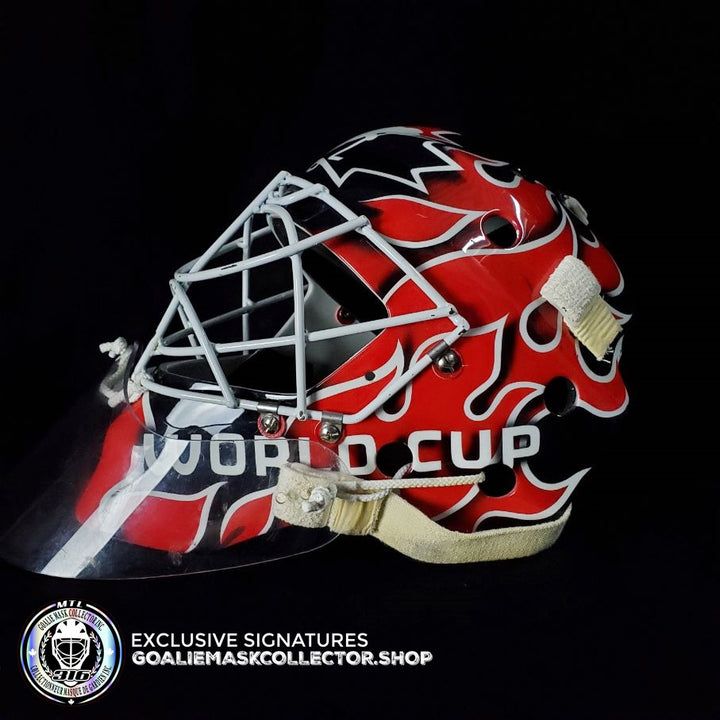 Martin Brodeur Game Worn Used Goalie Mask 2004 Gold Medal Team Canada World Cup Lefebvre CCM Shell + LOA From Brodeur Family + Photomatched + Signed & Inscribed AS-01481 - SOLD