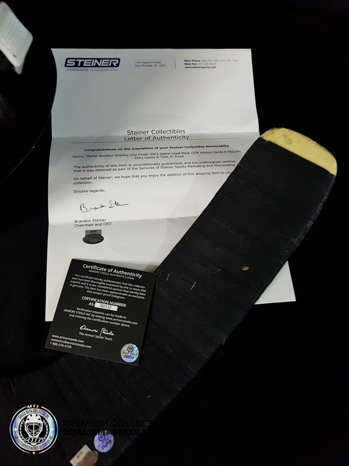 MARTIN BRODEUR GAME USED STICK CCM HEATON 8 PLAYOFFS 2001 STANLEY CUP FINALS VS COLORADO AVALANCHE - "COL 6"  KNOB INSCRIPTION - SOLD