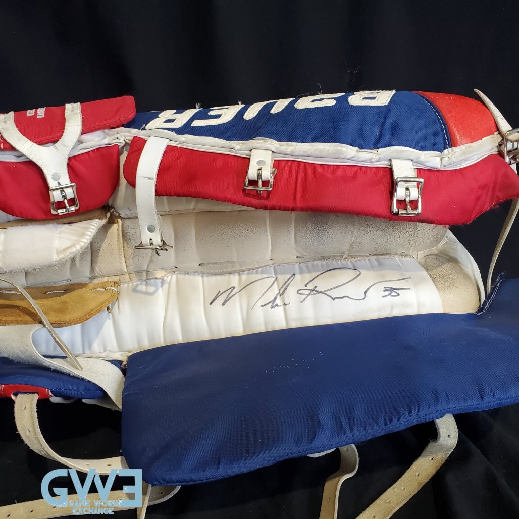 Mike Richter Game Used Goalie Pads 2001-02 New York Rangers & Salt Lake City Olympics Photomatched AS-03072-SOLD