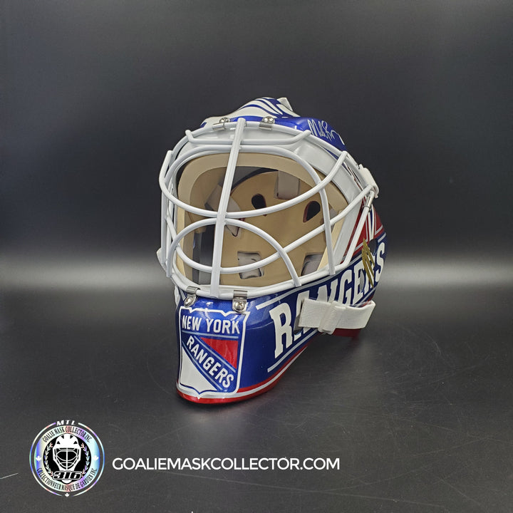 Mike Richter Goalie Mask Game Ready New York Rangers 1999-2000 Bauer Pros Choice Dom Malerba Shell Painted By Ron Slater AS-xxxx