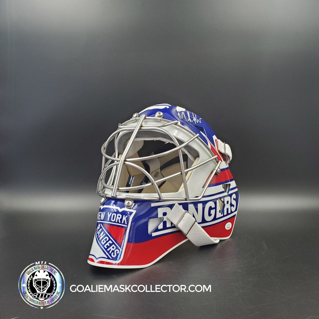 Mike Richter Goalie Mask Game Ready New York Rangers 2002-03 Made by Gary Warwick Painted By Ron Slater AS-XXXX