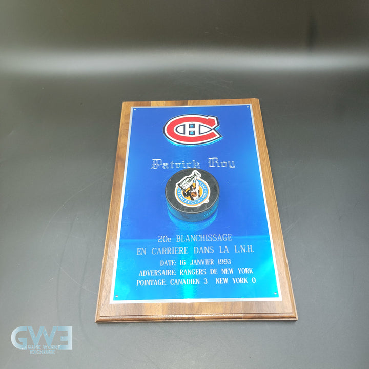 Patrick Roy Plaque Award Puck Game Used 1993 Montreal Canadiens Signed 20th Career Shutout AS-03202