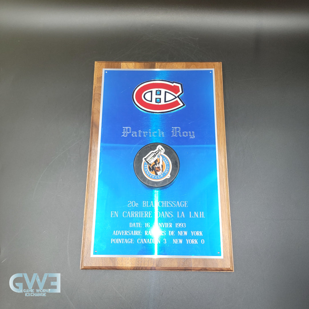 Patrick Roy Plaque Award Puck Game Used 1993 Montreal Canadiens Signed 20th Career Shutout AS-03202