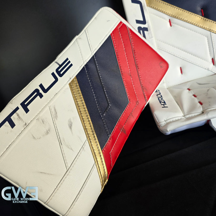 Sergei Bobrovsky Game Used Goalie Pads 2023-24 Stanley Cup Winning Season Florida Panthers Autographed Signed True Lefevre HRZDUS PX4 AS-03241