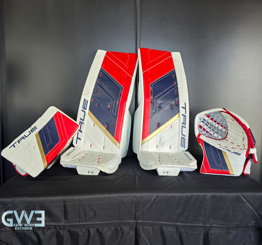 Sergei Bobrovsky Game Used Goalie Pads 2023-24 Stanley Cup Winning Season Florida Panthers Autographed Signed True Lefevre HRZDUS PX4 AS-03241
