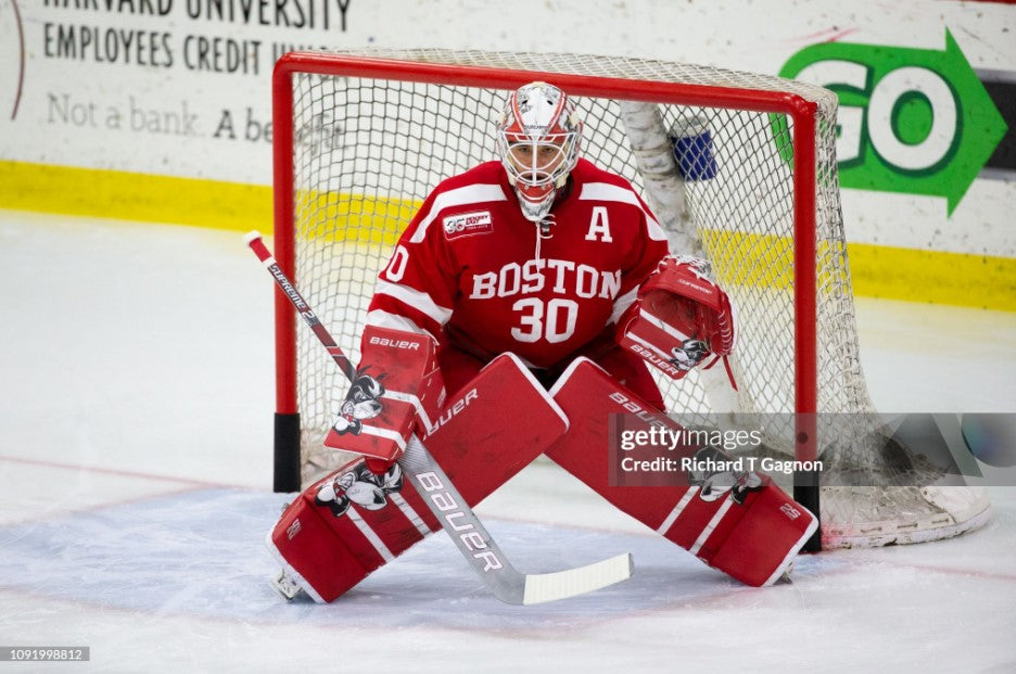 Jake Oettinger Game Worn Used Goalie Pads & Glove Set 2018-19 Boston University BU Last Season AS-03151