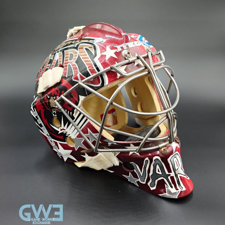Semyon Varlamov Goalie Mask Game Worn 2008-09 Washington Capitals Rookie Season and Bears Itech Photo-Matched COA by Washington Capitals Organization AS-03408