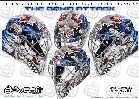 Ondrej Pavelec Practice Worn Game Issued Goalie Mask Winnipeg Jets 2013 Painted by David Gunnarsson DaveArt "The Bomb Attack" on CCM Lefebvre - SOLD