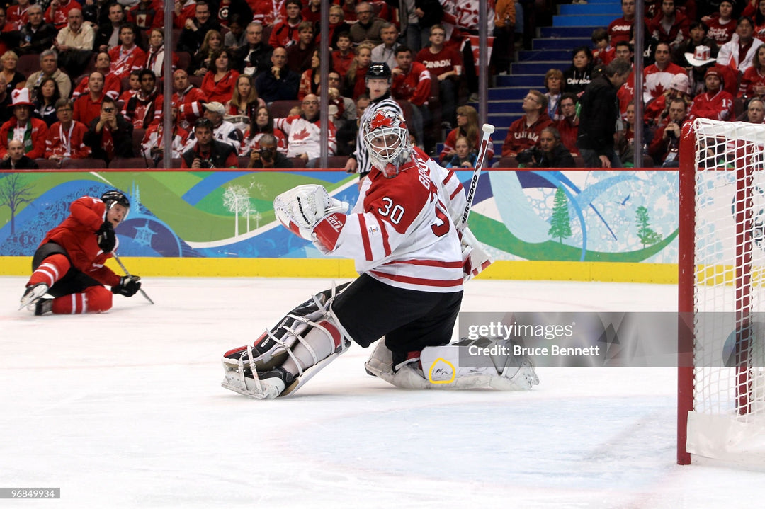 Martin Brodeur Game Used Goalie Pads 2010 Team Canada Olympics Gold Medal & New 2009-10 Jersey Devils 2009-10 Sherwood Photomatched AS-03120