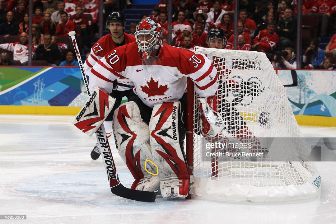 Martin Brodeur Game Used Goalie Pads 2010 Team Canada Olympics Gold Medal & New 2009-10 Jersey Devils 2009-10 Sherwood Photomatched AS-03120