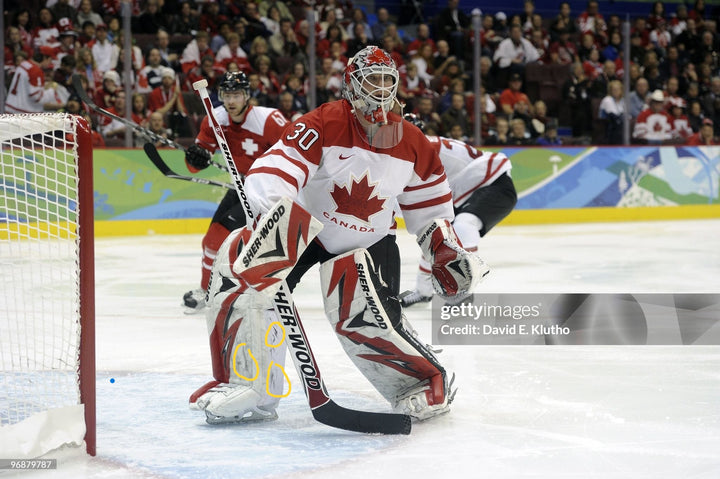 Martin Brodeur Game Used Goalie Pads 2010 Team Canada Olympics Gold Medal & New 2009-10 Jersey Devils 2009-10 Sherwood Photomatched AS-03120