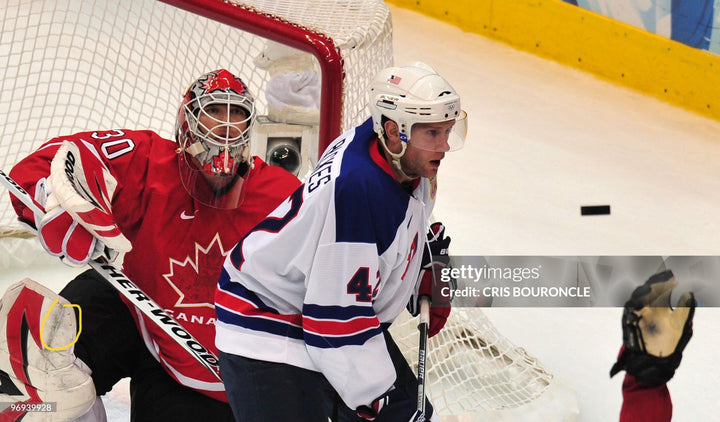 Martin Brodeur Game Used Goalie Pads 2010 Team Canada Olympics Gold Medal & New 2009-10 Jersey Devils 2009-10 Sherwood Photomatched AS-03120