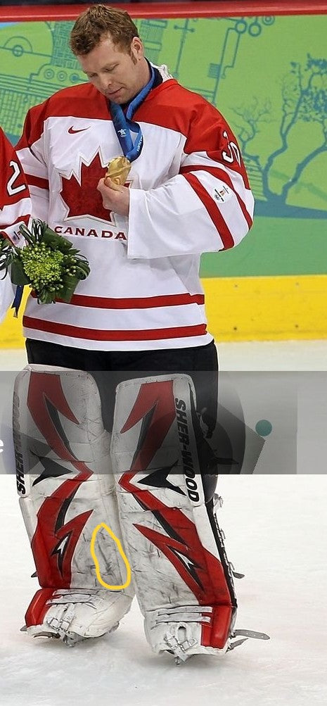 Martin Brodeur Game Used Goalie Pads 2010 Team Canada Olympics Gold Medal & New 2009-10 Jersey Devils 2009-10 Sherwood Photomatched AS-03120