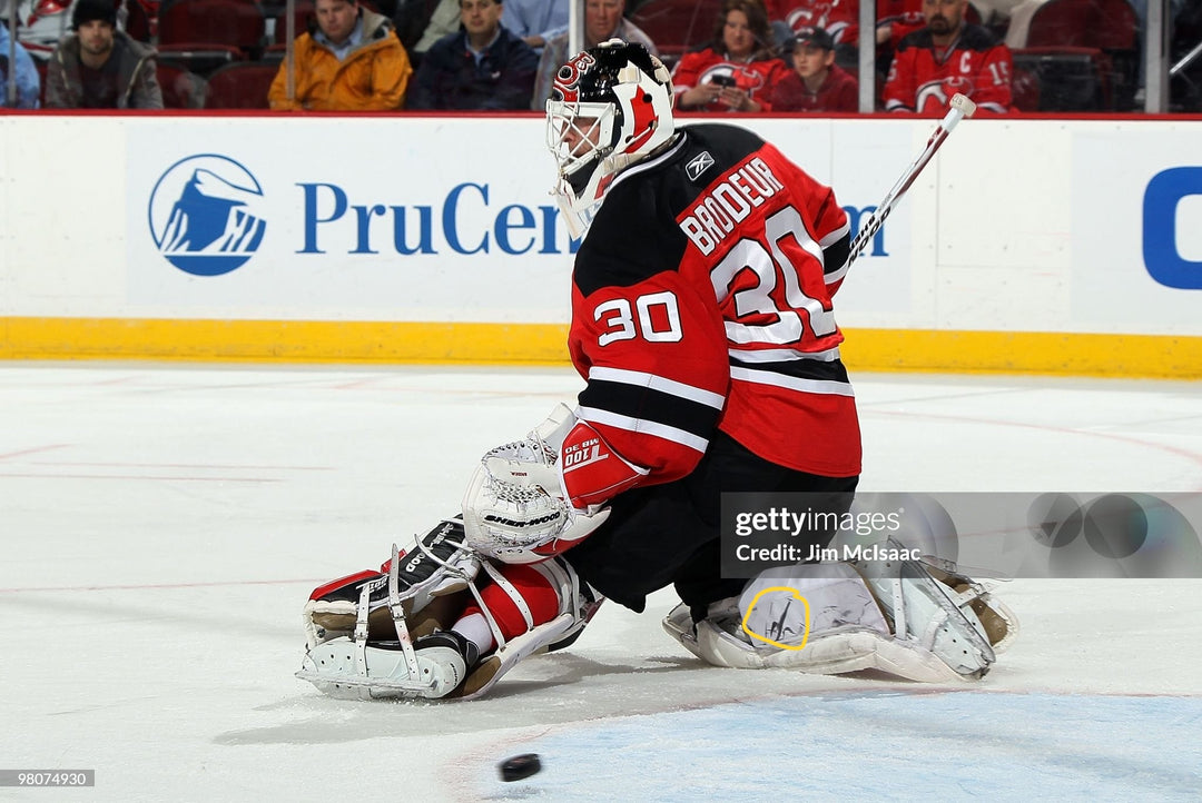 Martin Brodeur Game Used Goalie Pads 2010 Team Canada Olympics Gold Medal & New 2009-10 Jersey Devils 2009-10 Sherwood Photomatched AS-03120