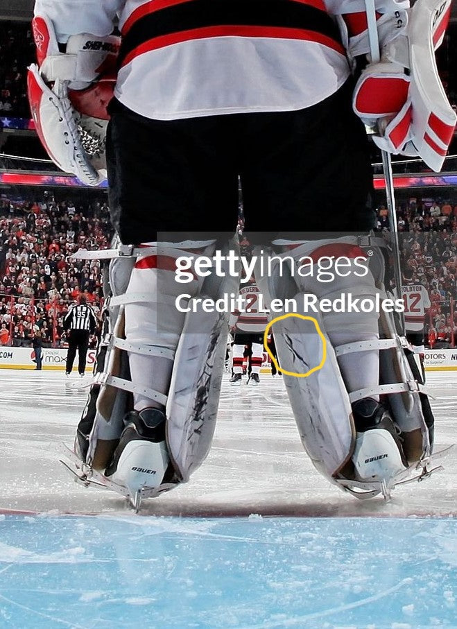 Martin Brodeur Game Used Goalie Pads 2010 Team Canada Olympics Gold Medal & New 2009-10 Jersey Devils 2009-10 Sherwood Photomatched AS-03120