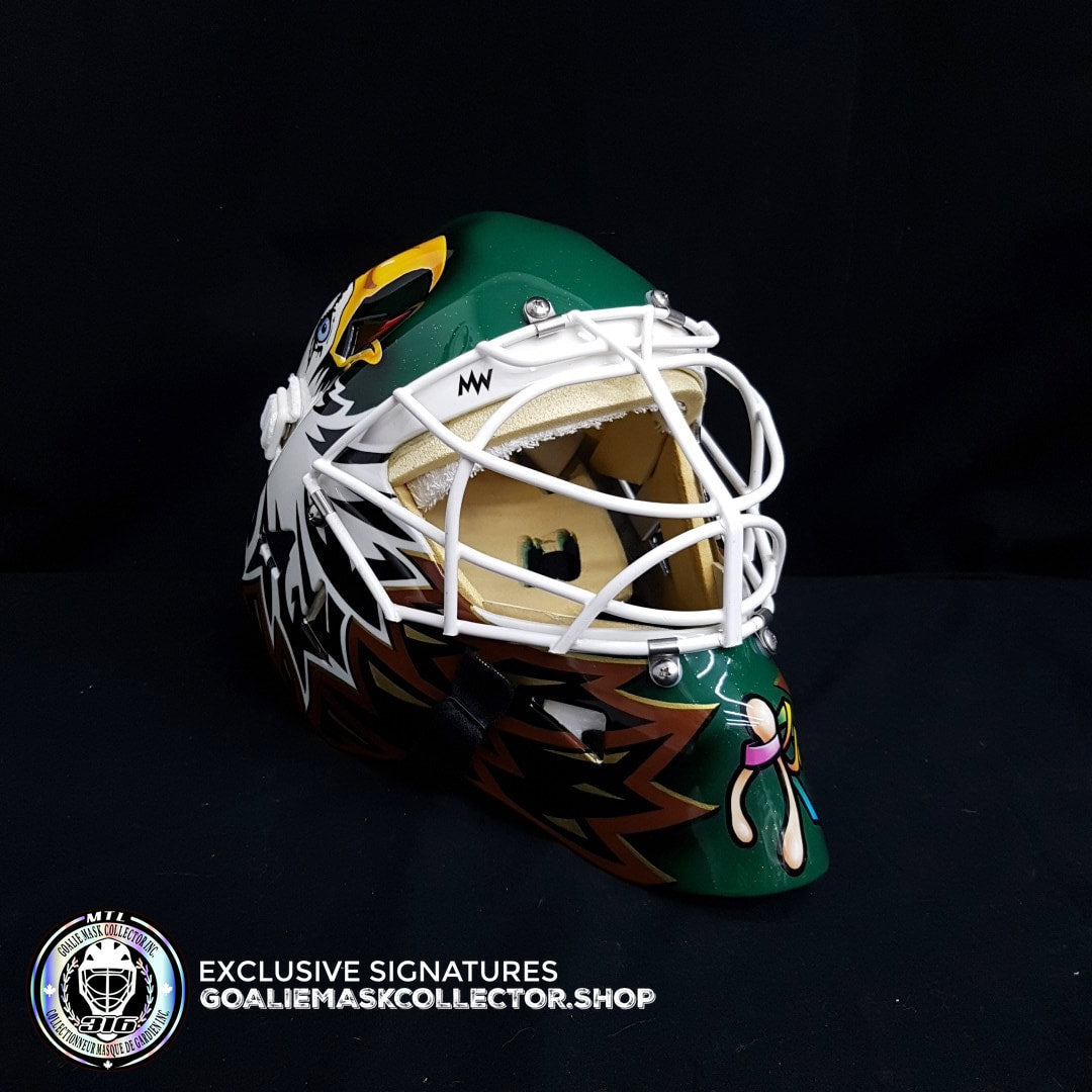 ED BELFOUR 1998 PRO "GAME READY" GOALIE MASK GREEN DALLAS STARS SIGNED AUTOGRAPHED WARWICK SHELL PAINTED BY MISKA - SOLD