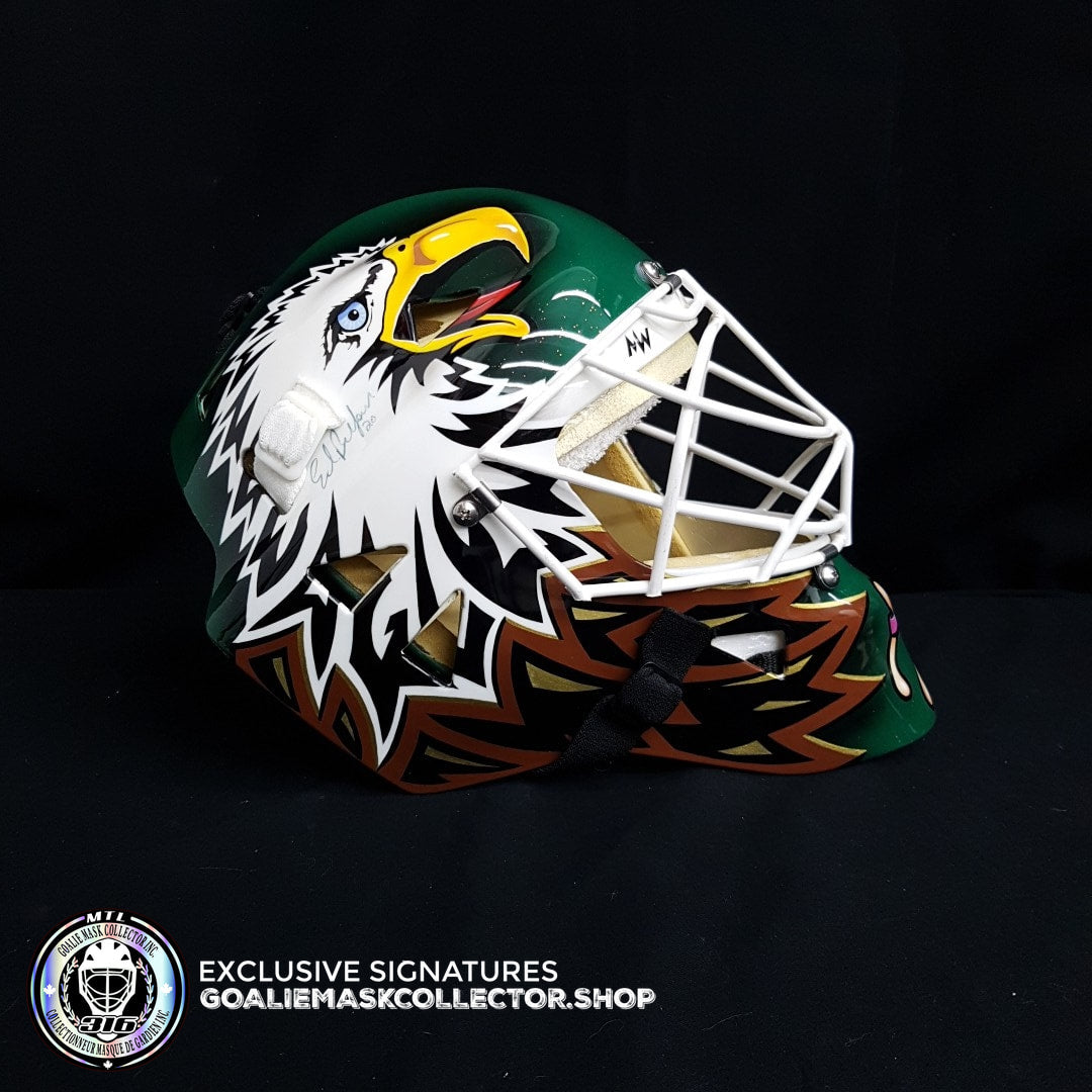 ED BELFOUR 1998 PRO "GAME READY" GOALIE MASK GREEN DALLAS STARS SIGNED AUTOGRAPHED WARWICK SHELL PAINTED BY MISKA - SOLD