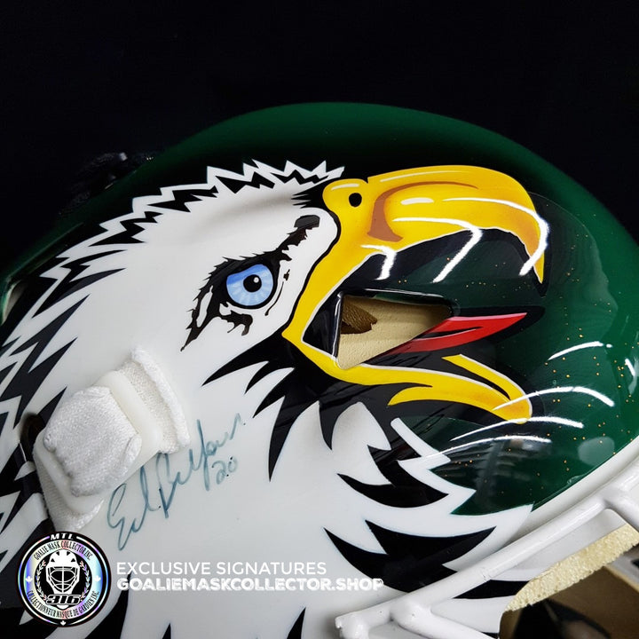 ED BELFOUR 1998 PRO "GAME READY" GOALIE MASK GREEN DALLAS STARS SIGNED AUTOGRAPHED WARWICK SHELL PAINTED BY MISKA - SOLD