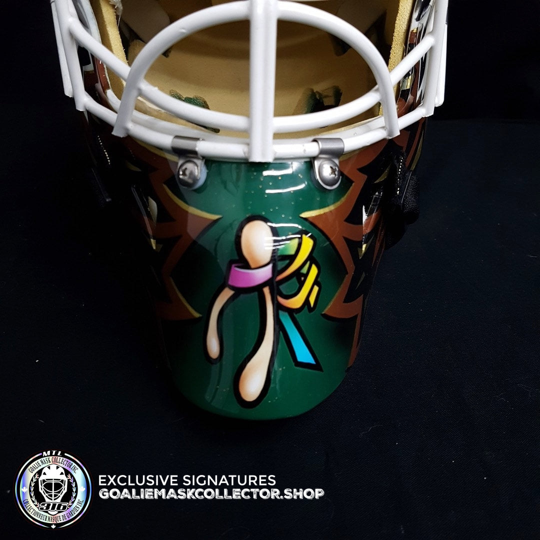 ED BELFOUR 1998 PRO "GAME READY" GOALIE MASK GREEN DALLAS STARS SIGNED AUTOGRAPHED WARWICK SHELL PAINTED BY MISKA - SOLD