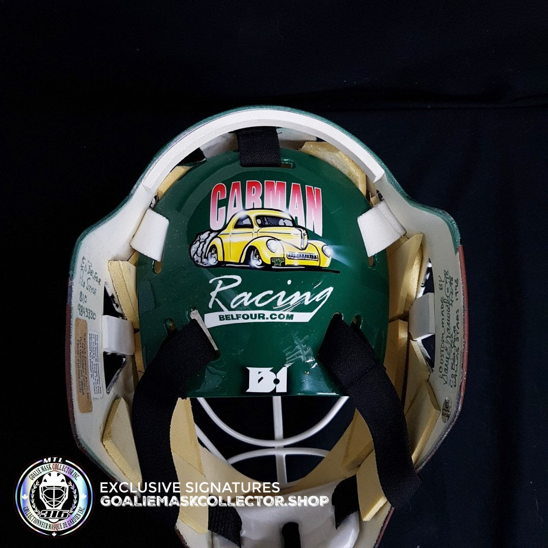 ED BELFOUR 1998 PRO "GAME READY" GOALIE MASK GREEN DALLAS STARS SIGNED AUTOGRAPHED WARWICK SHELL PAINTED BY MISKA - SOLD