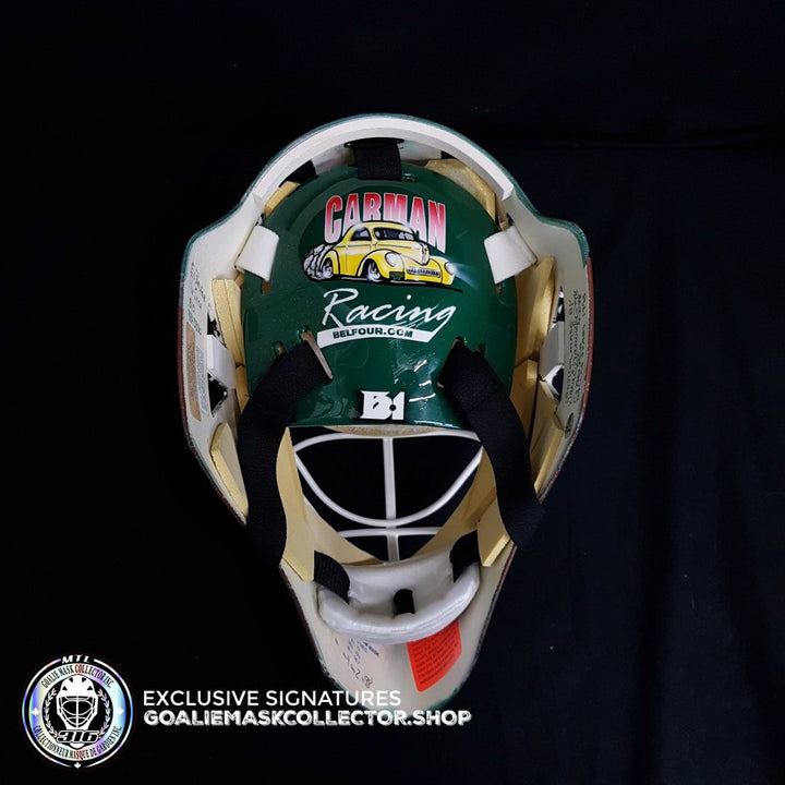 ED BELFOUR 1998 PRO "GAME READY" GOALIE MASK GREEN DALLAS STARS SIGNED AUTOGRAPHED WARWICK SHELL PAINTED BY MISKA - SOLD