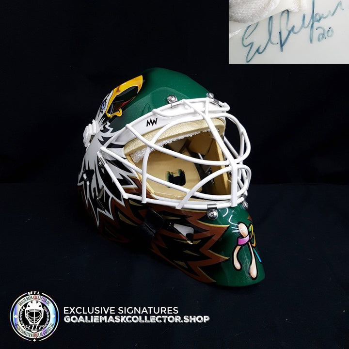 ED BELFOUR 1998 PRO "GAME READY" GOALIE MASK GREEN DALLAS STARS SIGNED AUTOGRAPHED WARWICK SHELL PAINTED BY MISKA - SOLD