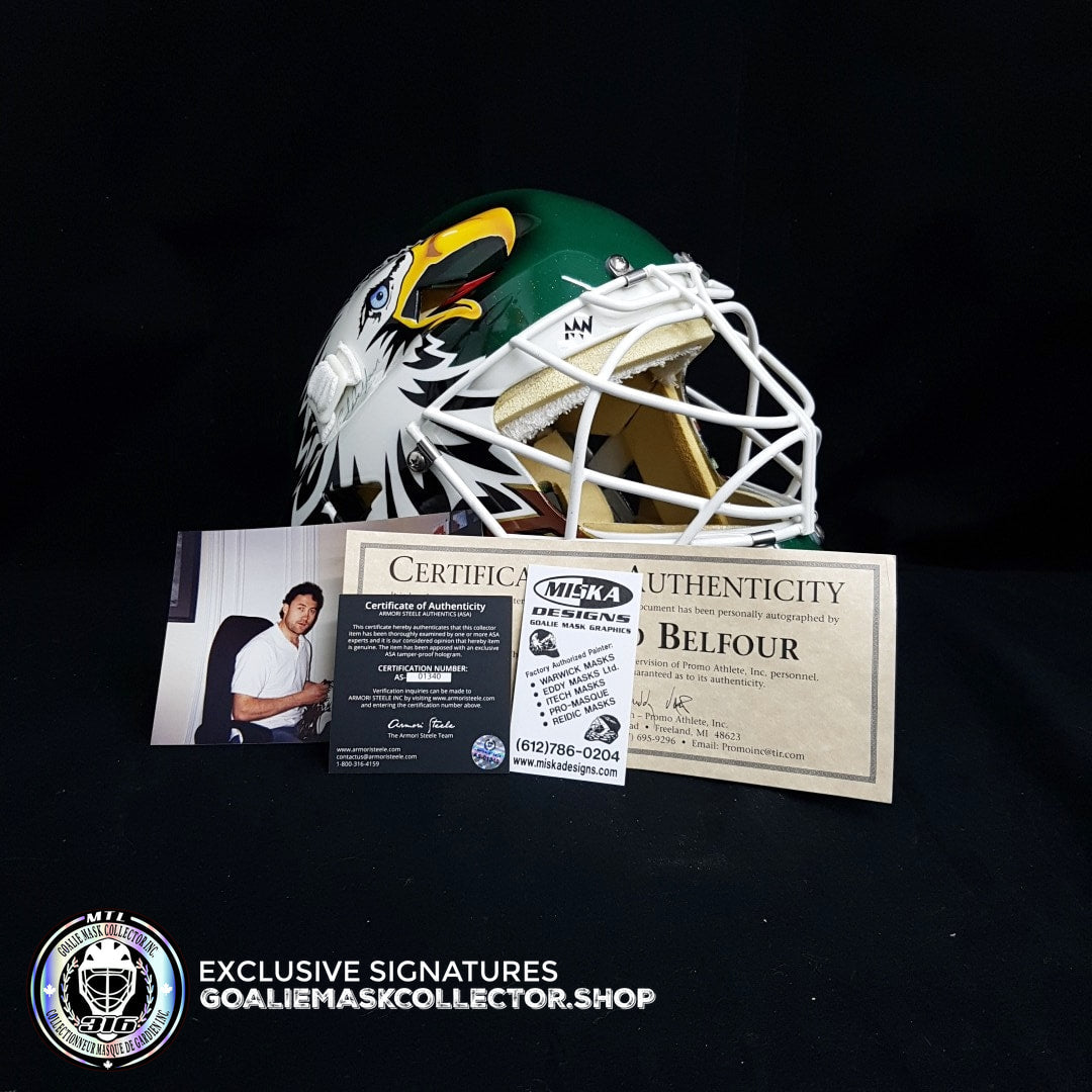 ED BELFOUR 1998 PRO "GAME READY" GOALIE MASK GREEN DALLAS STARS SIGNED AUTOGRAPHED WARWICK SHELL PAINTED BY MISKA - SOLD